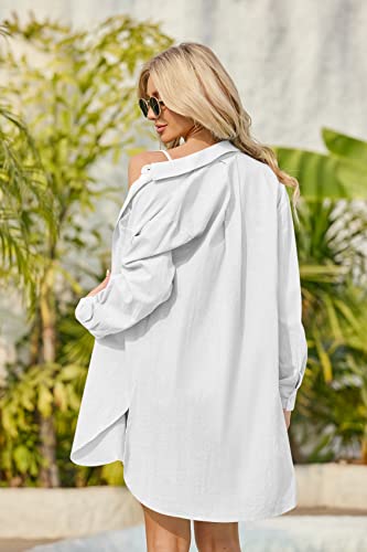 Runcati Womens Button Down Shirts Linen Cotton Long Sleeve Blouse Tunic Tops Cover Up Shirt Loose Beach Bikini Dress4