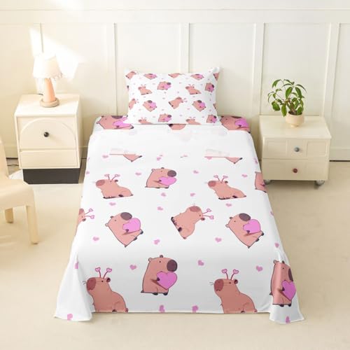 Homemissing Juego de sábanas de dibujos animados Capibara tamaño individual, diseño de corazón rosa, para niños y niñas, sábana bajera ajustable de bolsillo profundo, 3 piezas con 1 funda de almohada