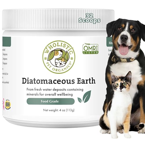 Wholistic Pet Organics Diatomaceous Earth - Food Grade for Dogs & Cats - 4 Oz - Multi Use Powder - Pet Safe Non-Chemical Freshwater Sourced Silica Supports Overall Health - Made in USA - 32 Scoops