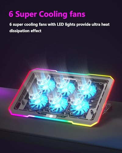 Image of TECHIE 6 Fan Laptop Cooling Pad with Mobile Stand & 10 RGB Modes | 5-Level Adjustable Gaming Stand | Dual-Speed Fans 1200-3000 RPM | Quiet USB Cooling Base | Foldable Metal Mesh for 15.6 inch Laptops