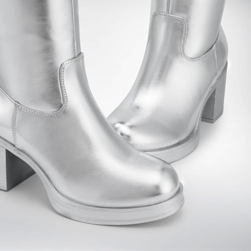 DREAM PAIRS Women's Knee High Boots Chunky Platform Heel Round Toe Boots for Women Side Zipper Stylish Comfortable Tall Boots,Size 8.5,Silver,DWUMKB2516