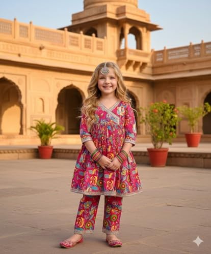 Image of A.T.U.N. (ALL THINGS UBER NICE) Girls Premium Cotton Kurti Sharara Combo Set | Vibrant Ethnic Traditional Print | Comfortable Festive Cultural Outfit for Kids