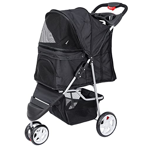 Foldable Pet Stroller for Cats and Dogs 3 Wheels Carrier Strolling Cart with Weather Cover, Storage Basket + Cup Holder