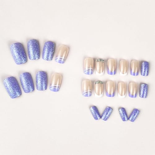Image of Purple Press on Nails Medium Square Fake Nails French Tip with Glitter Design Rhinestone Glue on Nails Glossy Full Cover Artificial Acrylic Stick on Nails for Women Girls Manicure 24Pcs