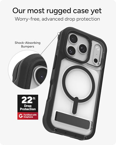Image of ZAGG Rainier Case with Kickstand for iPhone 17 Pro - Black, Graphene 22ft (7m) Drop Protection, Lanyard Attach Points, MagSafe, Wireless Charging Compatible, 2-Piece Design, Phone Case
