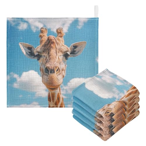 Qilmy Giraffe Baby Washcloths 5 Pack, Absorbent Soft Cotton Newborn Muslin Washcloths Face Towels, 12 x 12 Inch