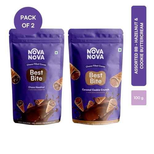 Image of NOVANOVA Best Bite Choco Filled Cones | Choco Hazelnut & Cookie Buttercream - Assorted Pack Of 2| 100% Eggless | No Added Preservatives (100 Gram)