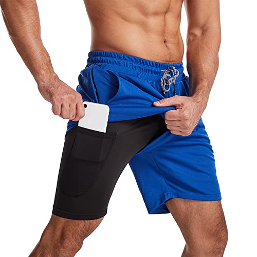 Jueshanzj Men's Basketball Fitness Multi-Functional Tight Quick Dry Capris Double-Layer Running Shorts Blue 2XL