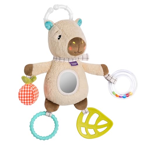 Fehn Activity-Capybara Clara - Juguete de motricidad con elementos de agarre, mordedor y sonajero – Juguete colgante para cochecito de bebé, cuna y capazo – para bebés y niños pequeños a partir de 0