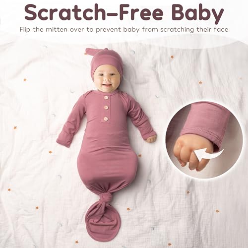 Baby Noah Newborn Knotted Gown Set with Hat and Headband, Soft Tie Bottom Newborn Sleepers for Baby Girl Boy (2 Packs)4