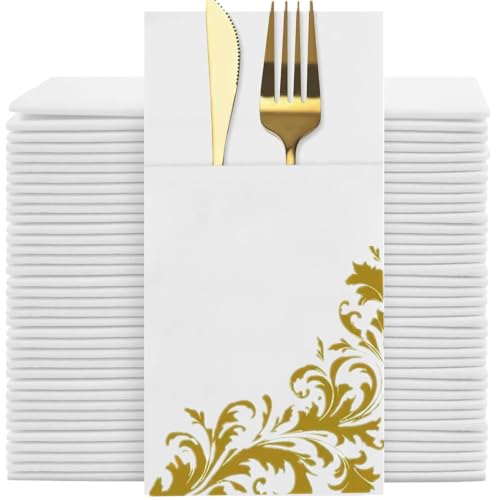 YIDUHAO Disposable Linen Feel Napkins Built-in Flatware Pocket Wedding Napkins with Gold Stripe Print Folded Party Napkin Soft Strong Absorbent 50pcs