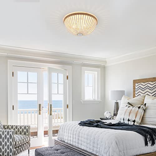 VANZARLA Dia 14.96" Boho Flush Mount Light Fixture Wood Bead, Farmhouse Chandelier, Antique Rustic Ceiling Light Fixture for Kitchen Hallway Entryway Laundry Bedroom Nursery Passway