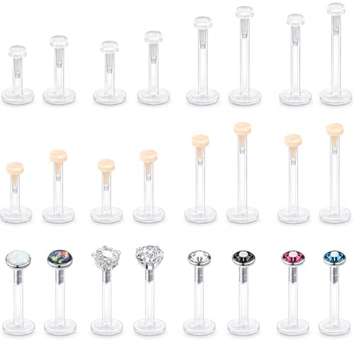 MixPiercing 24Stk Bioflex Labret Ashley Lippenpiercing Kunststoff Piercing Stecker Plastik für Medusa Helix Lippe für Push fit Durchsichtig Stab Stablänge 6mm 8mm 10mm 12mm (1,2mm)