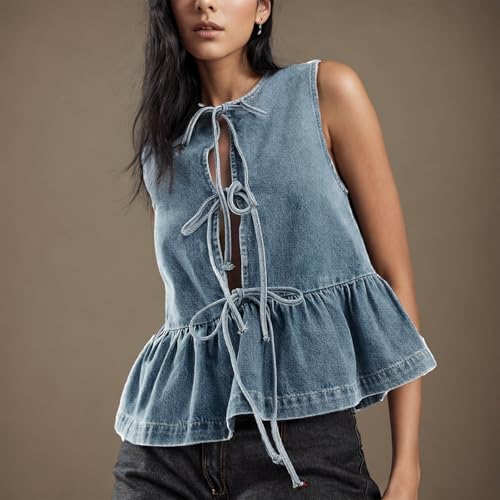 Women Tie Front Denim Vest Sleeveless Ruffle Hem Peplum Tank Top Y2k Streetwear Jean Vest Summer Cute Going Out Tops2