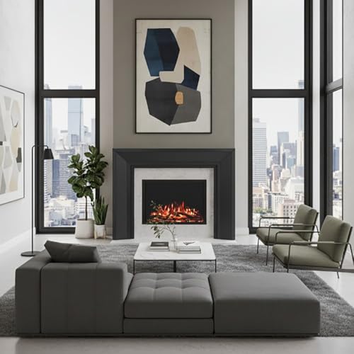 Image of Modern Ember Everly Wood Fireplace Mantel Surround Kit in Black | 48 inch x 42 inch Opening | 72 inch x 54 inch Overall | Modern Picture Frame Design | Includes Poplar Wooden Mantel Surround & Shelf