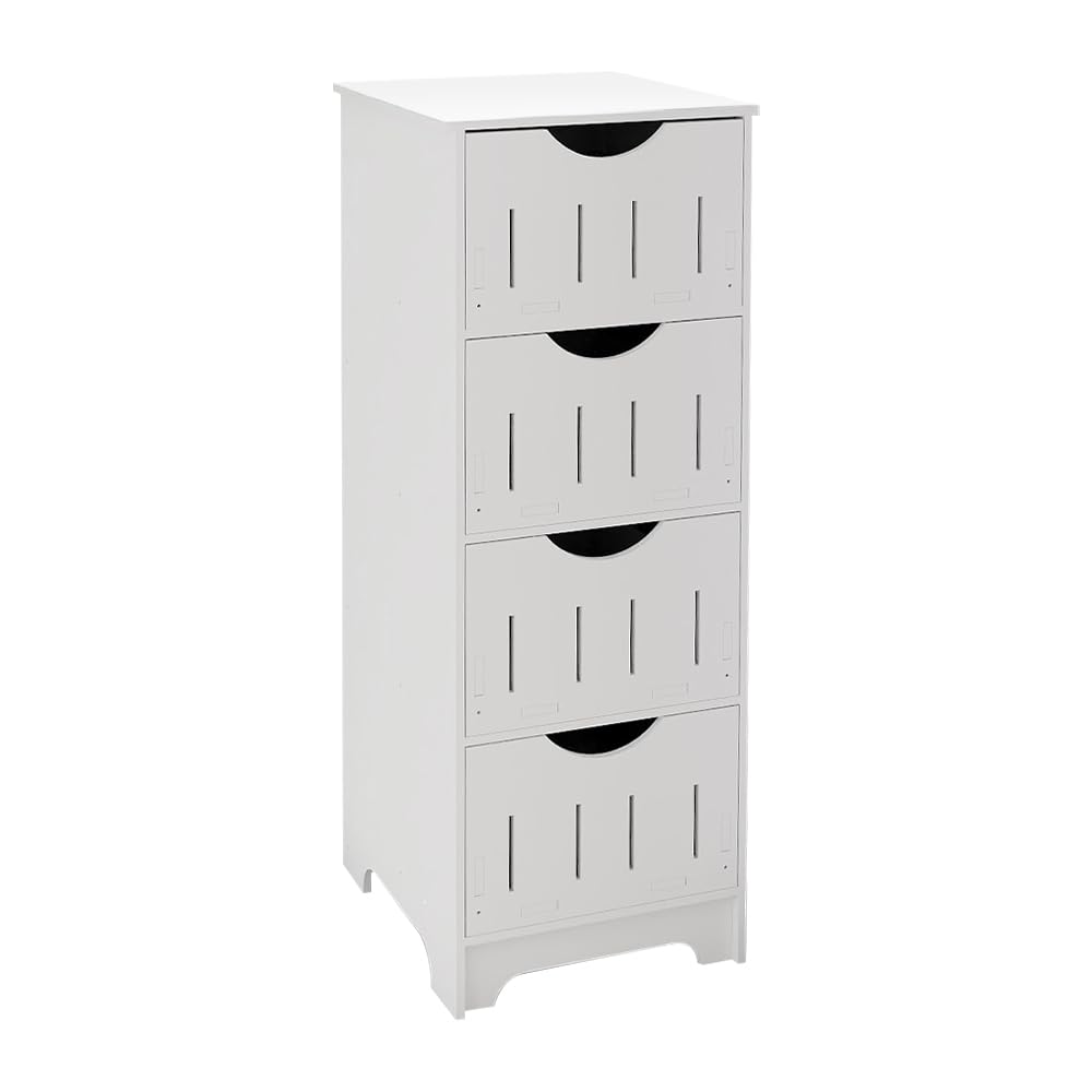 HUOLE Armario de Suelo para Baño, Armario de Almacenamiento, Armario de Pie, con 4 cajones MDF, para Baño, Sala de Estar, Comedor, Cocina, Estilo Moderno-30 * 30 * 82cm-Blanco
