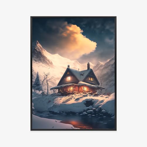Poster paysage d'hiver chalet mural avec cadre aluminium pour habiller un mur vide