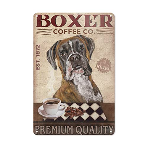 Cartel de metal vintage de café – Póster de perro boxeador de café de alta calidad para decoración de pared para decoración de casa y casa de campo para sala de estar, dormitorio, 8 x 12 pulgadas