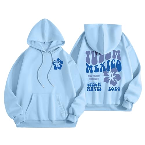 Pink Palm Puff Hoodie Dame Backprint Hoodie Casual Briefe Print Sweatshirt Cute Hoodie Übergangss Hoody Pulli Pullover Teenager Mädchen Tops Langarmshirt, azul claro, S