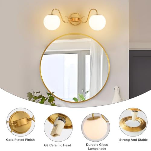 Image of Vintage Brushed Gold Bathroom Vanity Light Fixtures Over Mirror 2 Lights