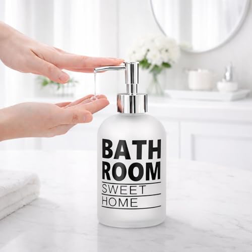 Image of Luxe Home International Bathroom Sweet Home Print Glass Soap Dispenser for Bathroom and Kitchen Sink Leak Proof Liquid Hand Wash Round Bottle Lightweight Smooth Finish (19.5x7.5 cm White) Pack of 1