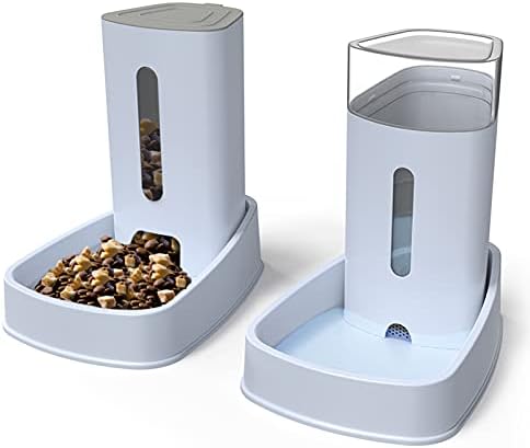 Automatic Gravity Cat Food And Water Feeder Waterer Dispenser Set for Dog Pet Puppy Kitten Big Capacity 3.8 L x 2 (Grey)