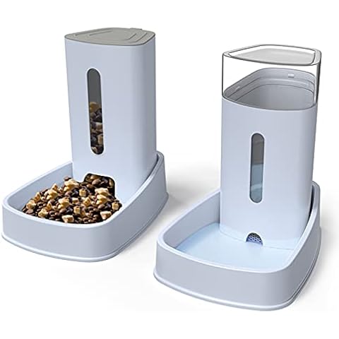Automatic Gravity Cat Food And Water Feeder Waterer Dispenser Set for Dog Pet Puppy Kitten Big Capacity 3.8 L x 2 (Grey) Cover