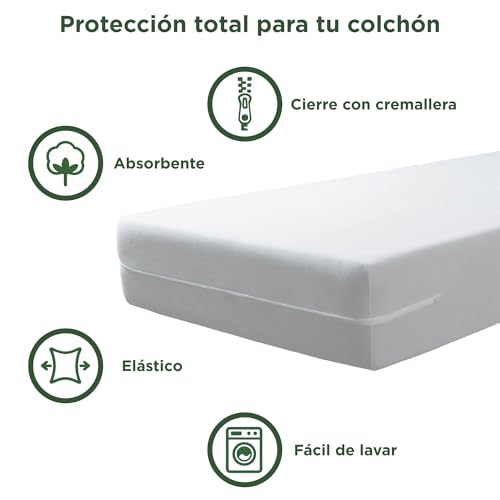 Miniatura 2 de Savel - Funda De Colchón Elástica De Algodón 150x190 200cm Protector De Colchón Con Cremallera. Tejido De Rizo 100 Algodon Muy Absorbente Y Ajustable Cama 150cm Funda Protectora Color Blanco