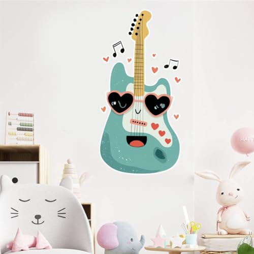 Image of Cute Smiling Guitar Wall Sticker | Cartoon Music Theme Self Adhesive Wall Decal for Ki-ds Room, Bedroom, Nursery & Playroom Decoration