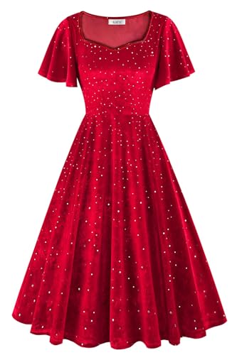 AXOE Damen Samtkleid mit Glitzer Festliches Retro Kurzen Ärmeln Midi Abendkleid Elegant für Hochzeit Cocktail Rote, Gr.36, S