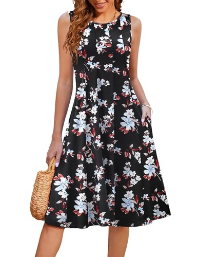 Image of HOTOUCH Summer Casual Dresses for Women Sleeveless Midi Dress Swing Tank Sundress Pleated Tshirt Dress with Pockets