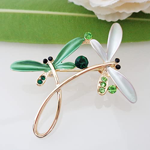 Image of Navachi 18k Gold Plated Multicolor Enamel White Crystal Double Dragonfly Wings Brooch Pins