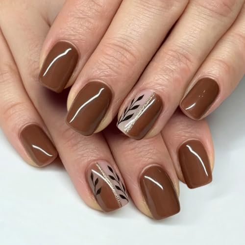 Fall Press on Nails Square, Brown, Leaf Design, Short, 24Pcs | Gl...