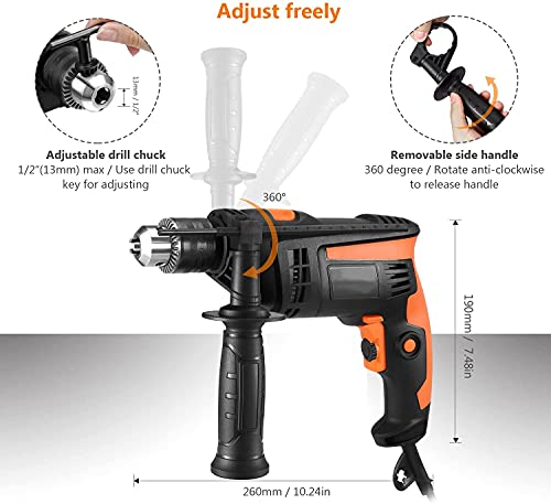 Bohrmaschine, Schlagbohrmaschine, 710 W, 44800 IPM, 10 Zubehör-Set, Bohrfutter 13 mm, Griff drehbar um 360 °. – Bild 3