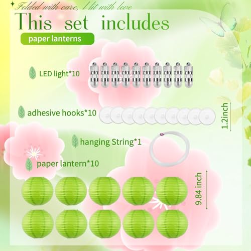 Image of Green Chinese Paper Lanterns with LED Lights, 10-Pack 10inch | Hanging Lights for St. Patrick's Day, Garden Party, Birthday Decorations, Ceiling Decor, Home Party & Baby Shower