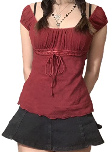 Women Lace Patchwork Crop Top Y2k Fairycore Aesthetic Tank Top Vintage Long Sleeve Fairy Grunge Shirt Streetwear