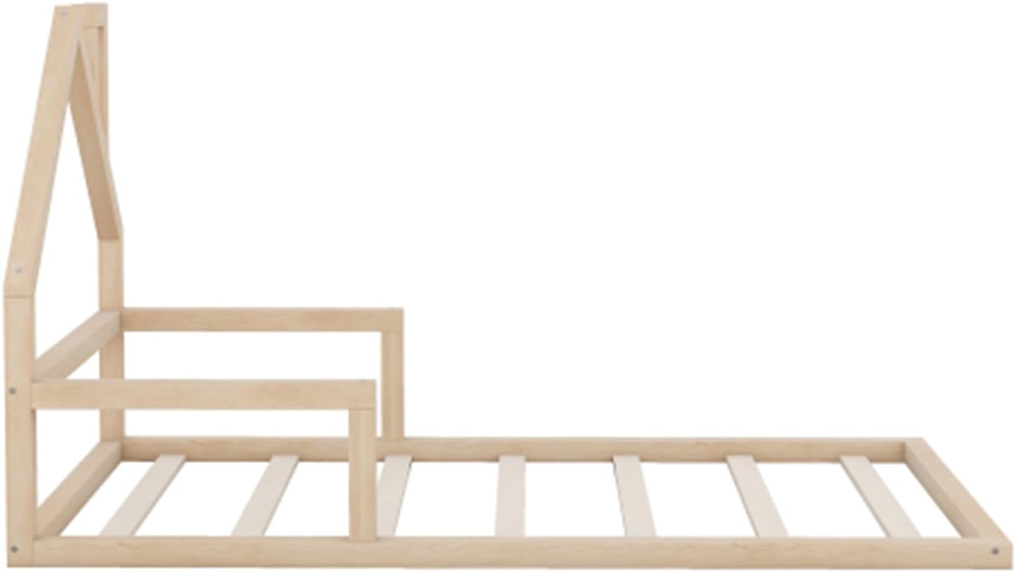 Simple Wooden Double Bed with House Chimney Shape headboard, Single Bed, Kids Bed Natural Color