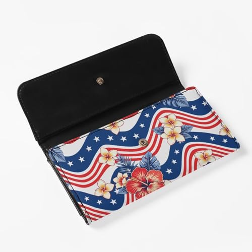 Image of AFPANQZ Womens Leather Wallets Large Capacity Card Holder Zipper Travel Purse, American Stripe Flower Phone Holder Coin Zip Pocket Multi Cards