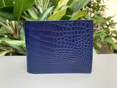 Crocodile Leather Skin Men's bifold wallet, Double Side Navy Blue Genuine Alligator3