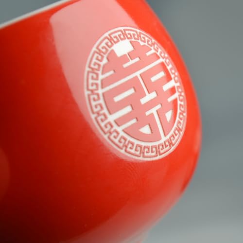 Image of Chinese Wedding Tea cup 5oz Porcelain Teacup Red Cups Round Glaze Carving Double Xi for Tea Ceremony Wedding Party Home Decor (Double happiness cups 2pcs)