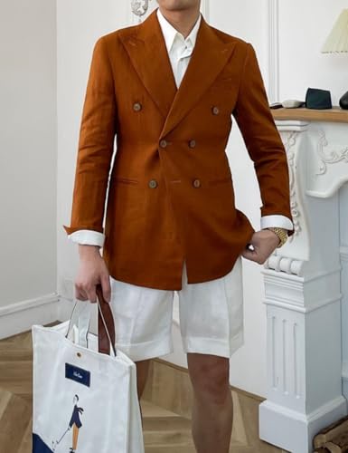 Linen Double Breasted Blazer for Men Fashion Peak Lapel Jacket Slim Fit Business Casual Sport Coats3