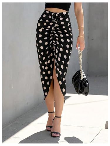 Milumia Women's Polka Dots Drawstring Ruched Split Thigh Skirt High Waist Bodycon Midi Skirts3