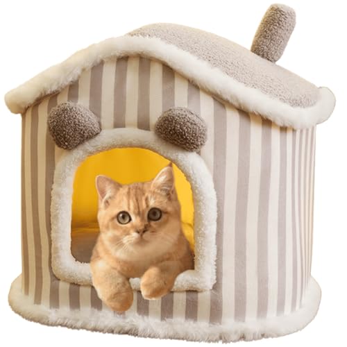 室内猫用キャットベッド、取り外し可能な暖かい洞窟巣睡眠ベッドハウス、猫と小型犬用、ペットテントソフトベッド、犬猫用小型犬ハウス犬小屋、両面クッション付き (ブラウン、S)(Grey,M)