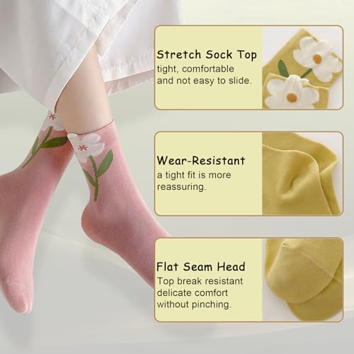 4/5 Pack Cute Womens Floral Socks, Cotton Vintage Embroidered Casual Crew Socks, Girly Cottagecore Tulip Dress Socks4