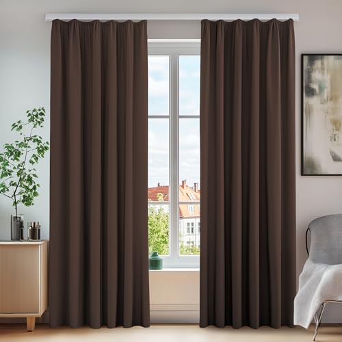 Deconovo Rideaux occultant 2 Pièces Rideau occultant Dentelle et Prêt Solide Opaque Insonorisant Insonorisant Thermorideau pour Chambre Chocolat 140x260cm