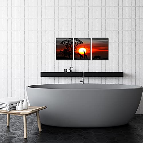 Fushvre African Animal Wall Art Giraffe At Sunset Paintings On Canvas Prints Set Of 3 Black And Red Nature Landscape Artwork Pictures For Home Living Room Bedroom Decor Framed Ready To Hang #TOP4