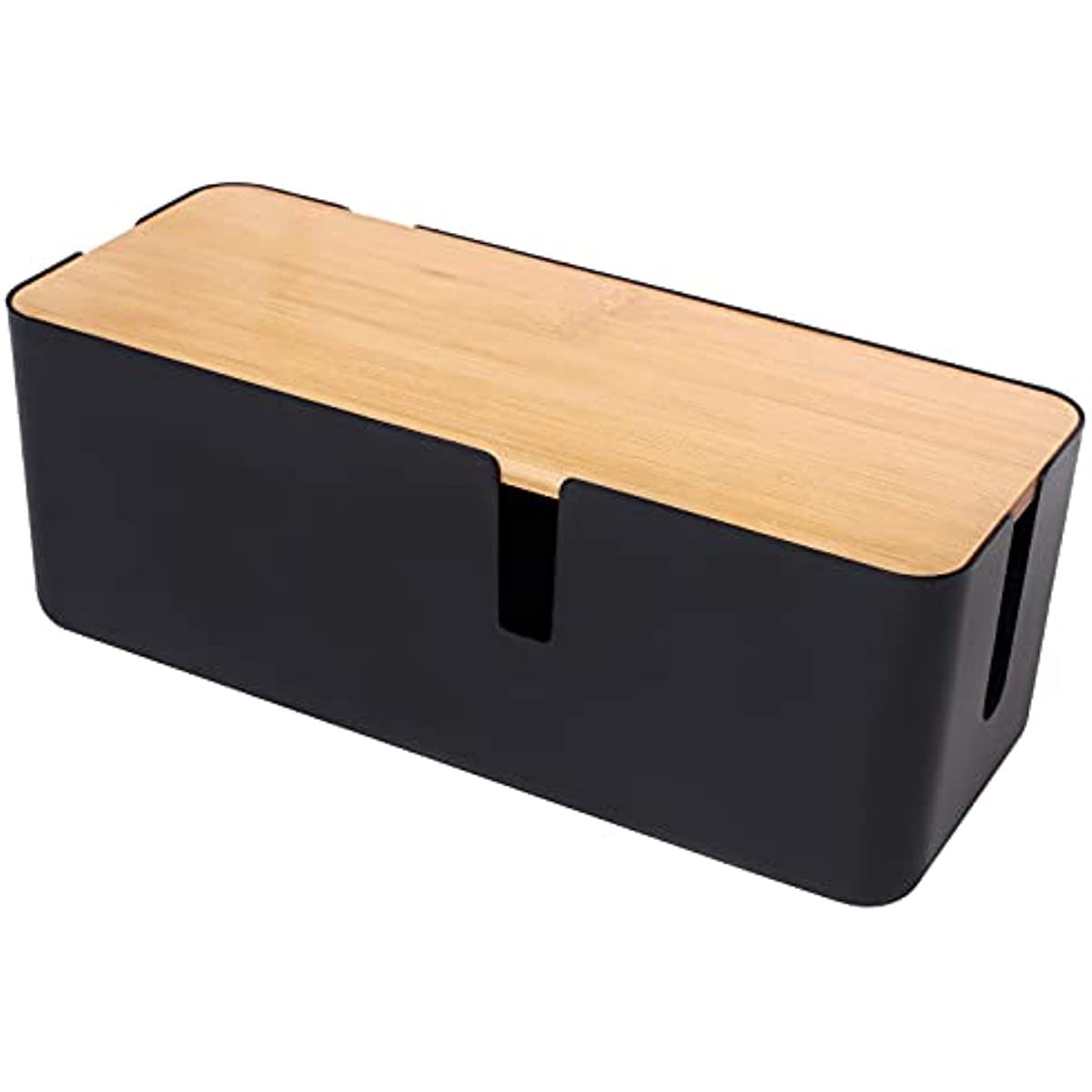 Wire management box with Bamboo lid Small wire storage box Extension mesh with surge protector Wire management concealment storage box (black)