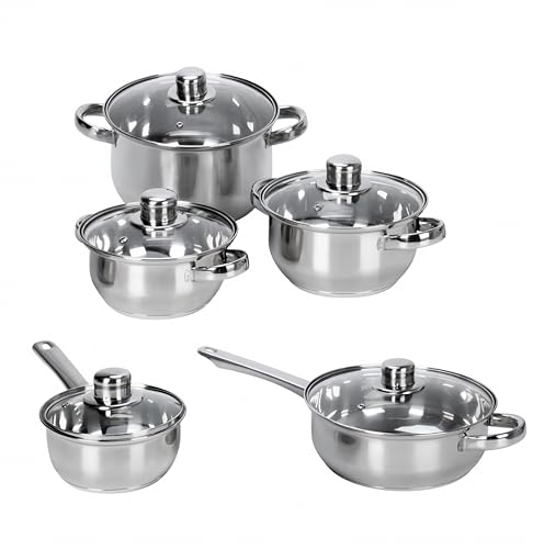 EMPOTEC Set 10 Pezzi Batteria 5 Pentole Acciaio Coperchi Vetro Trasparente Temperato e Valvola Fondo Alluminio 1mm per GAS Elettrico Vetroceramica Tegami Padelle Lavabili Lavastoviglie - NO INDUZIONE