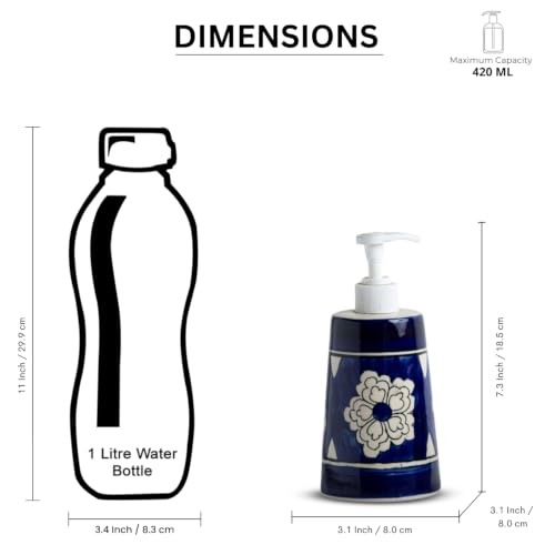 Image of ExclusiveLane 'Mughal Bloom' Hand-Painted Ceramic Bathroom Accessories Set of 2 (Liquid Soap Dispenser for Wash Basin, Paste & Toothbrush Holder) |Handwash Dispenser |Bathroom Organiser Set