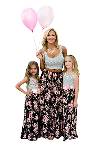 Diacacy Mom And Daughter Round Neck Beach Casual Dress Striped Polka Dot Dress Parent-Child Fancy Matching Dresses Striped Flowers 3-4 #TOP8